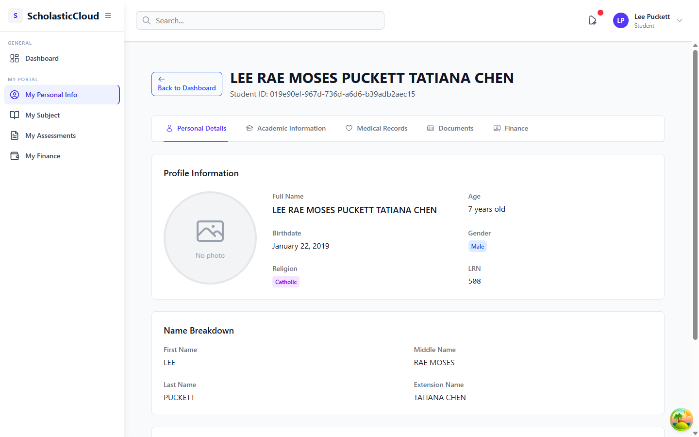 My Personal Info page