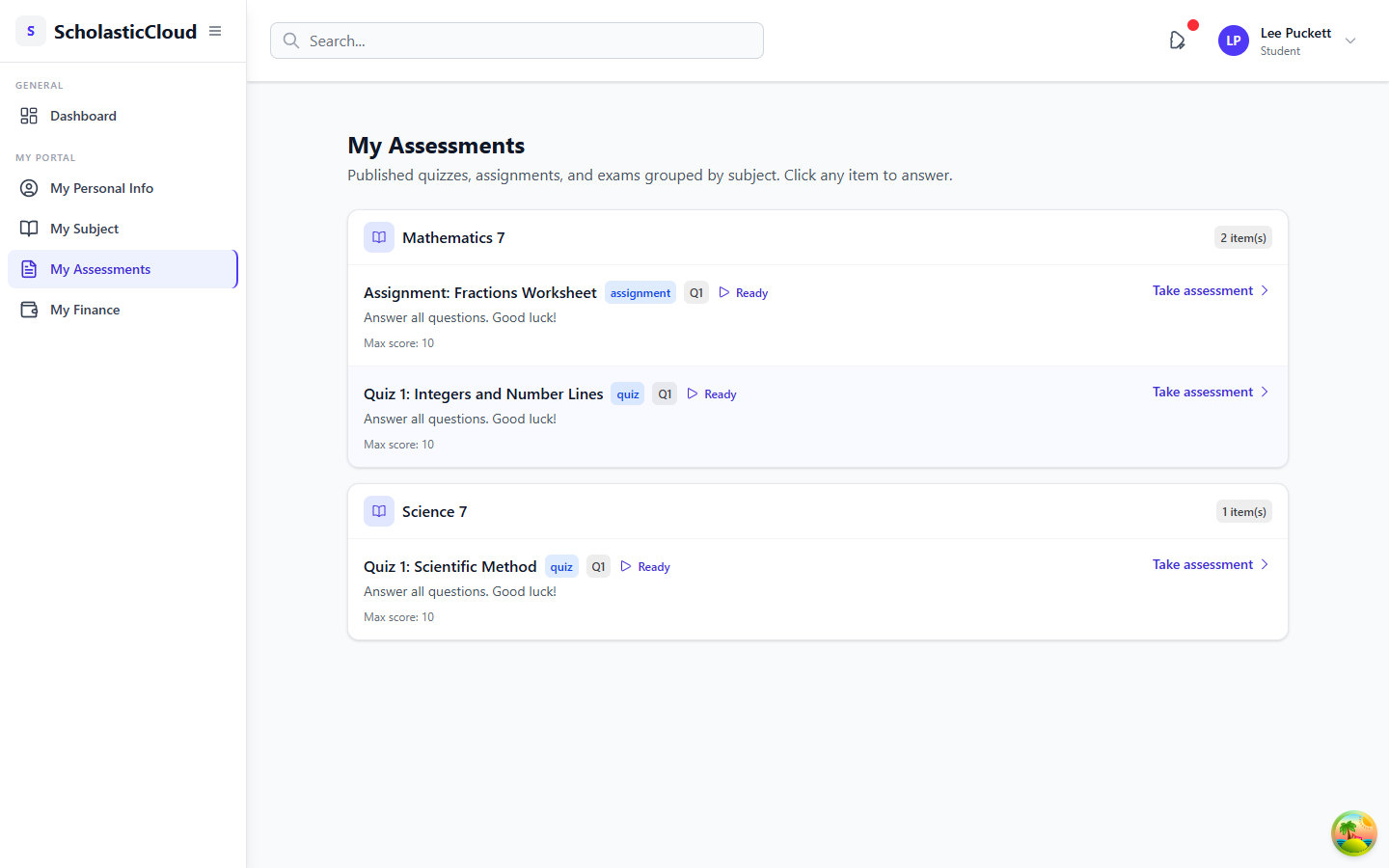 My Assessments page