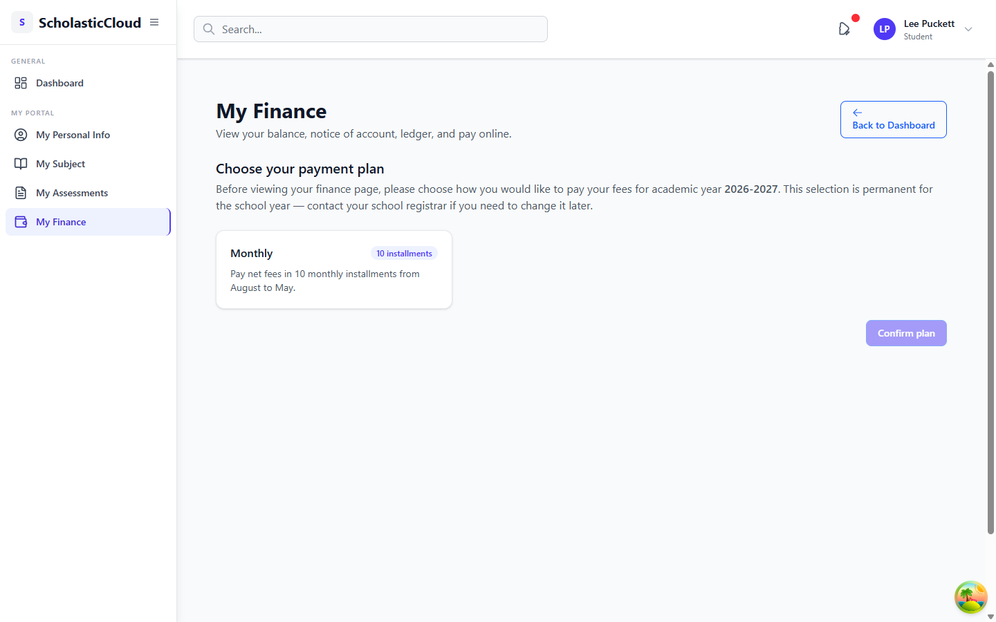 Payment plan selection
